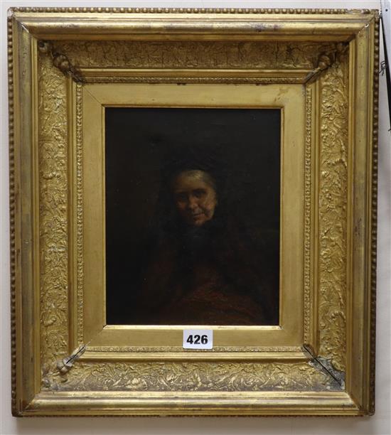 Mid 19th century English School, oil on canvas, Portrait of a lady wearing a Paisley shawl, 23 x 19cm